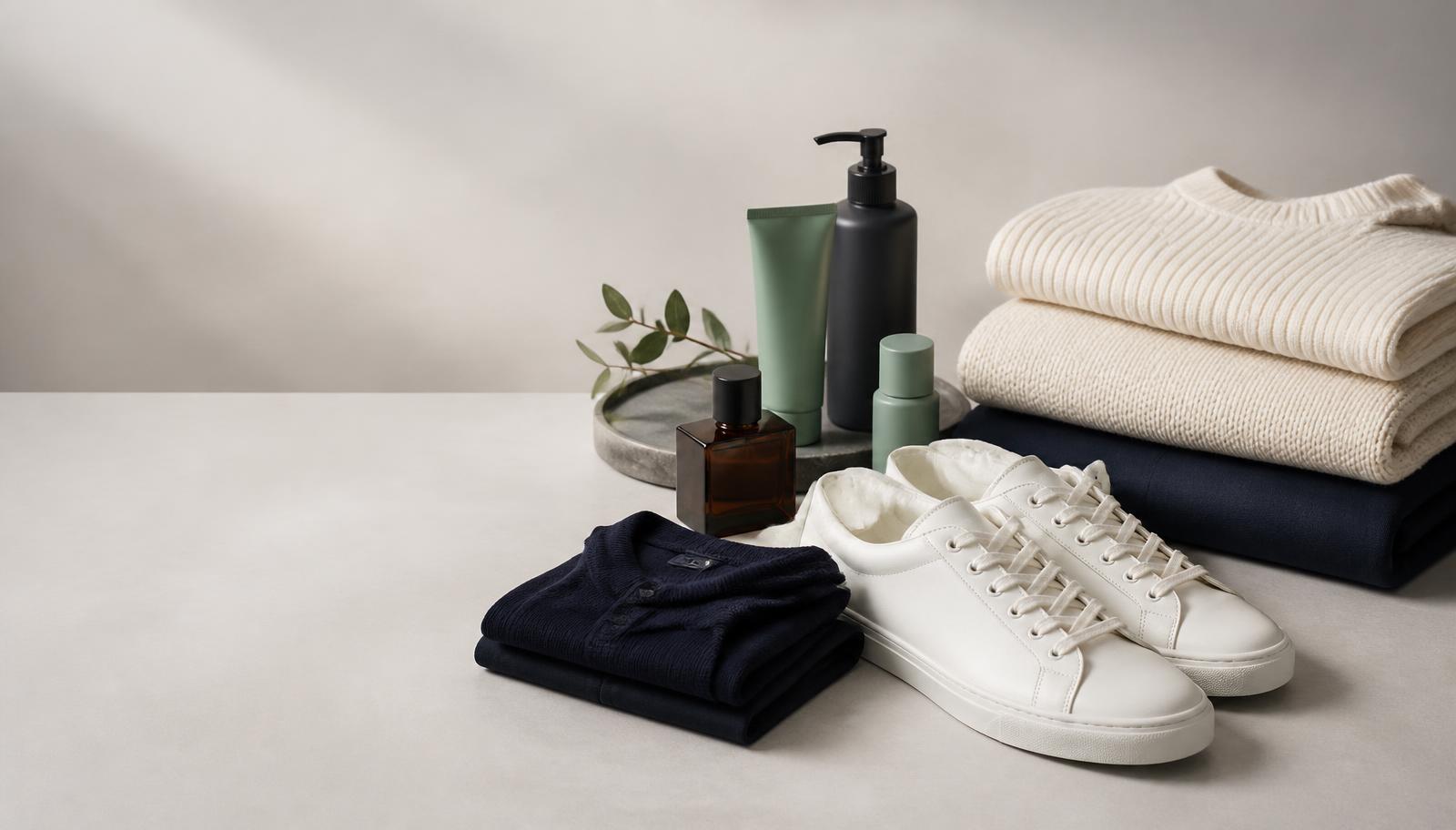 Roupa dobrada, ténis e produtos de cuidado pessoal